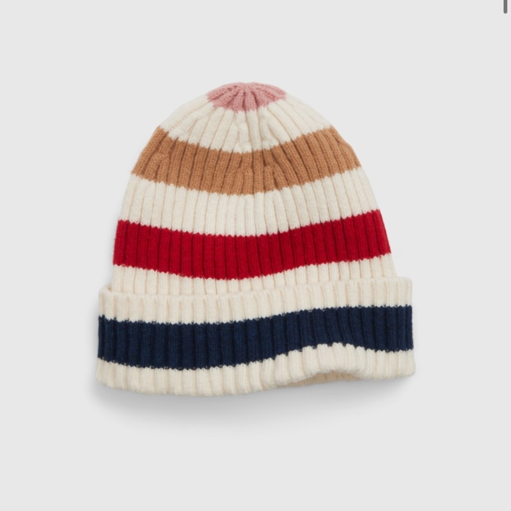 GAP NWT CashSoft Ribbed Foldover Beanie - White Multi Stripe